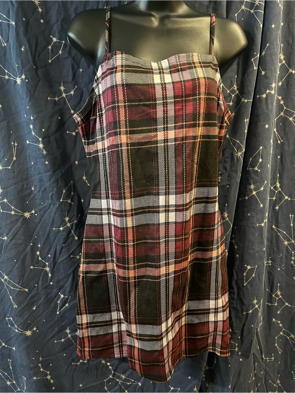 Streetwear Society Burgundy and Black Plaid Spaghetti-Strap Mini Dress